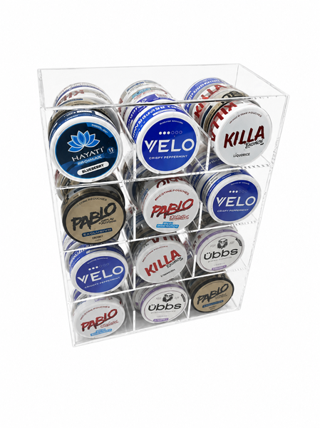 Acrylic nicotine pouch display stand holding 60 tins 12 facing nicotine pouch countertop display Clear acrylic nicotine pouch retail display stand Nicotine pouch organiser for vape shops Countertop nicotine pouch merchandising display