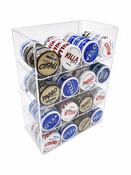 Lockable nicotine pouch display stand Acrylic nicotine pouch display cabinet 16 facing nicotine pouch countertop display Secure nicotine pouch retail display stand Lockable acrylic nicotine pouch organiser